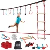 Sunny & Fun 50ft Kids Ninja Warrior Obstacle Course, Double Ninja Slackline, Monkey Bar & Ladder