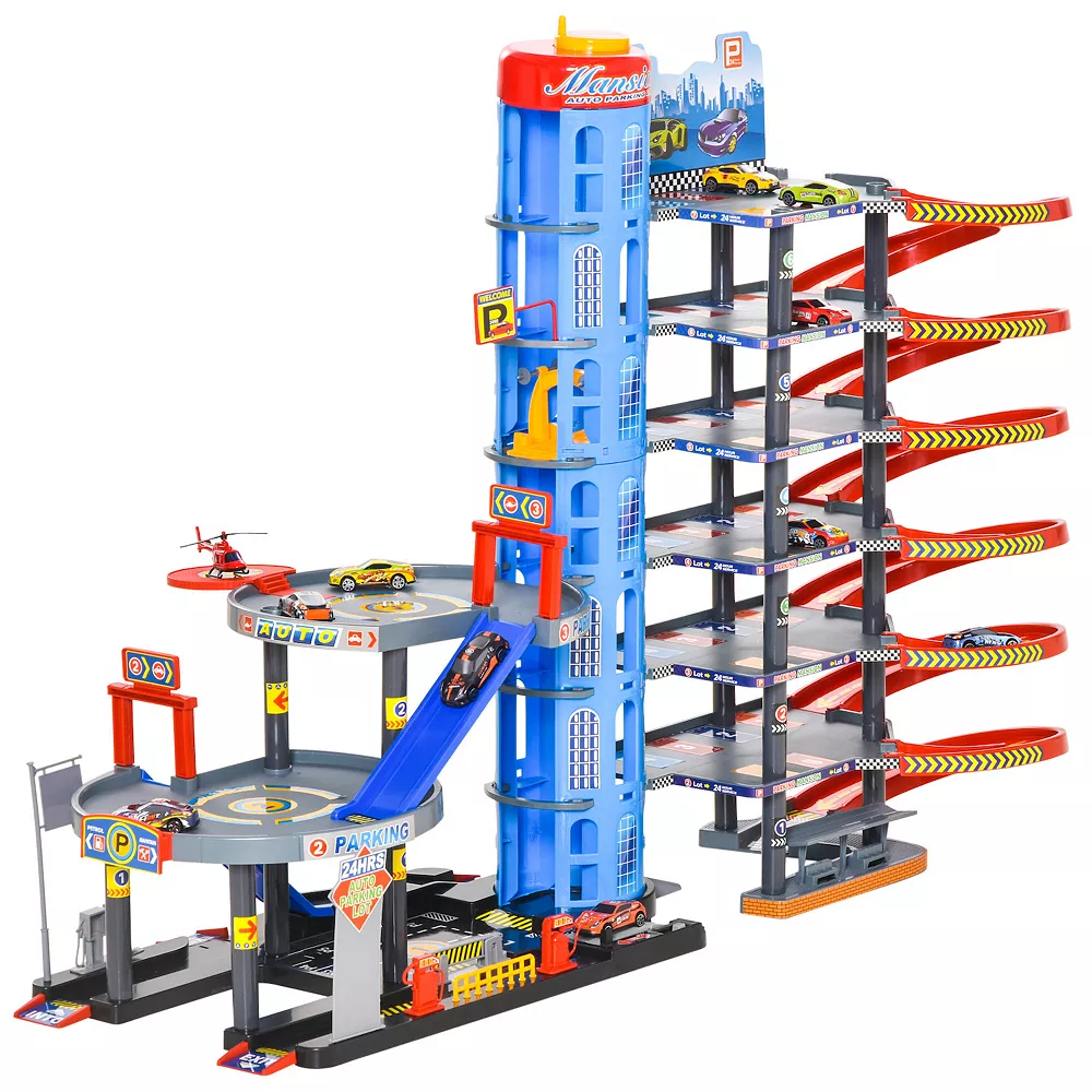 Qaba 7 Level Car Parking Garage Toy Race Tracks Car Ramp Set Toddler Car Games 96PCS W/ Cars And Helicopter Elevator Gas Station Car Repair Station For 3 6 Years Old - Image 2
