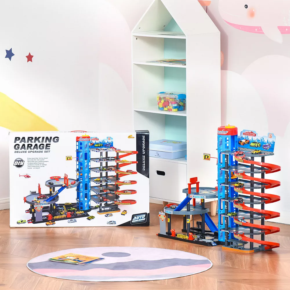Qaba 7 Level Car Parking Garage Toy Race Tracks Car Ramp Set Toddler Car Games 96PCS W/ Cars And Helicopter Elevator Gas Station Car Repair Station For 3 6 Years Old - Image 3