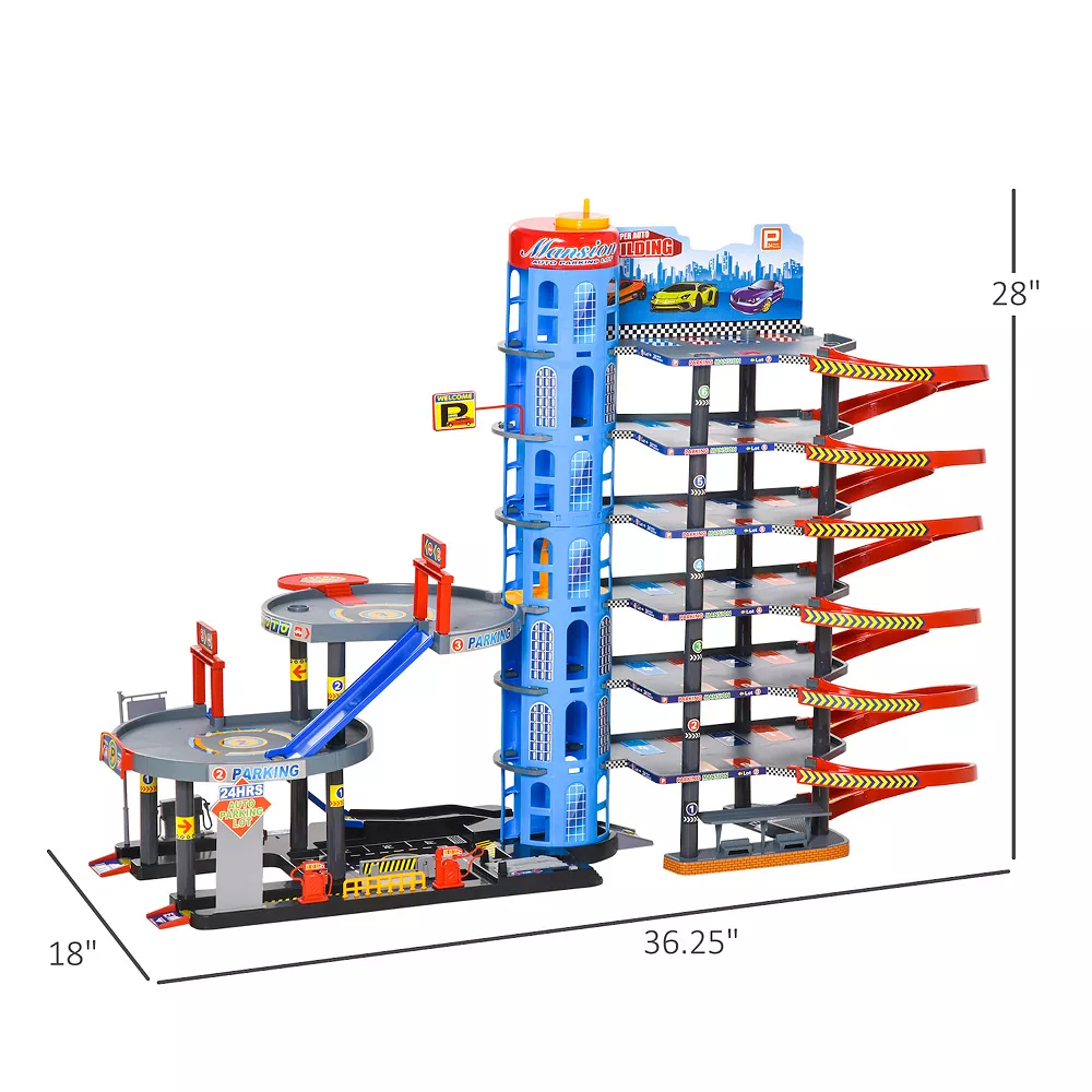 Qaba 7 Level Car Parking Garage Toy Race Tracks Car Ramp Set Toddler Car Games 96PCS W/ Cars And Helicopter Elevator Gas Station Car Repair Station For 3 6 Years Old - Image 4