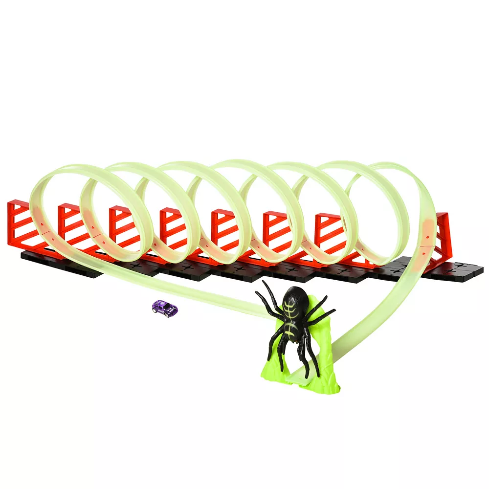 Qaba Track Builder Loop Kit Criss Cross Glowing Race Track Toy Set Spooky Spider Fun Starter Kit With Pull Back Car For Kids 3 6 Years Old Lime Green