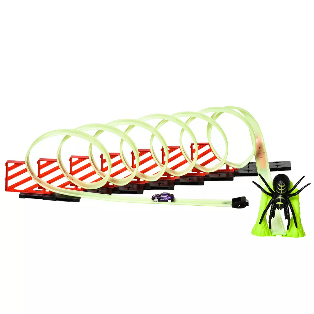 Qaba Track Builder Loop Kit Criss Cross Glowing Race Track Toy Set Spooky Spider Fun Starter Kit With Pull Back Car For Kids 3 6 Years Old Lime Green - Image 2