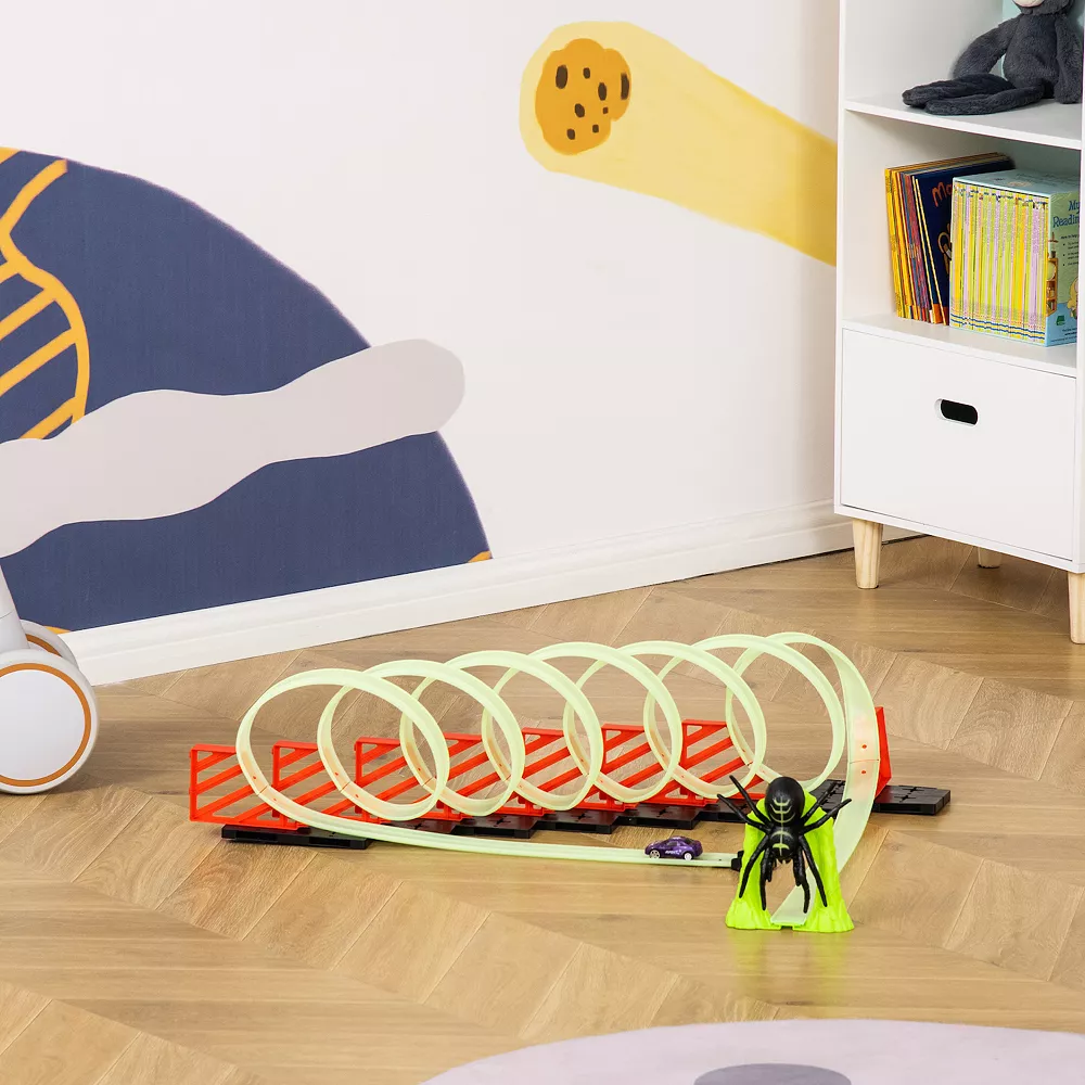 Qaba Track Builder Loop Kit Criss Cross Glowing Race Track Toy Set Spooky Spider Fun Starter Kit With Pull Back Car For Kids 3 6 Years Old Lime Green - Image 4